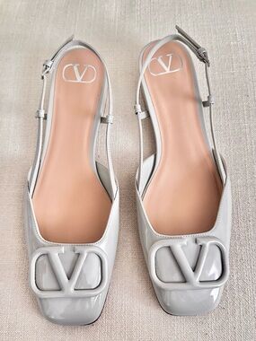Valentino Garavani VLogo Patent Leather Slingback Ballet Flats Size 39/9 Gray